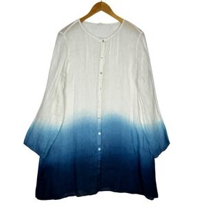 Eileen Fisher 100% Linen Ombre Blue White Button Front Tunic Top Womens Size XL